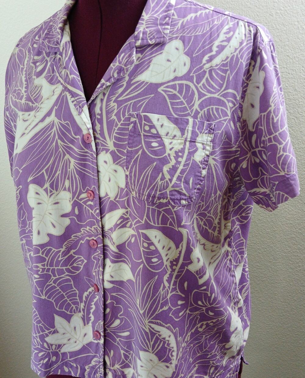 Erika Petite Women's Tropical Camp Shirt PL large purple leaf print vtg Y2K SS